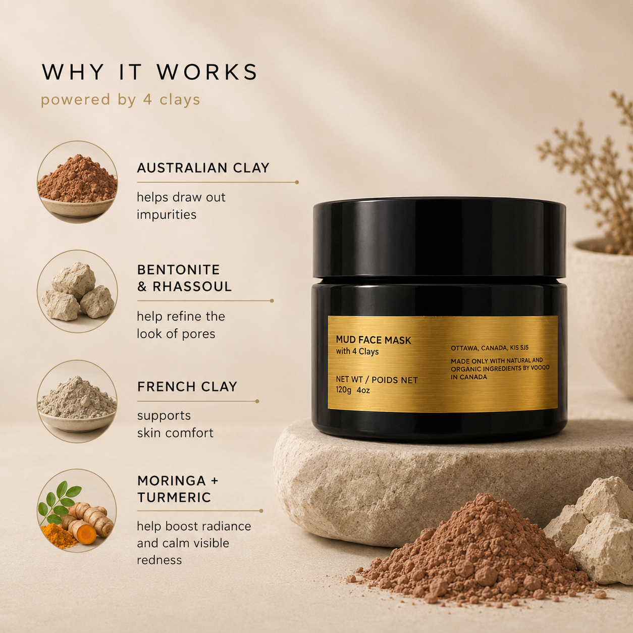 Benefits image for Vooqo Mud Face Mask with 4 Clays highlighting purifying and balancing skincare benefits