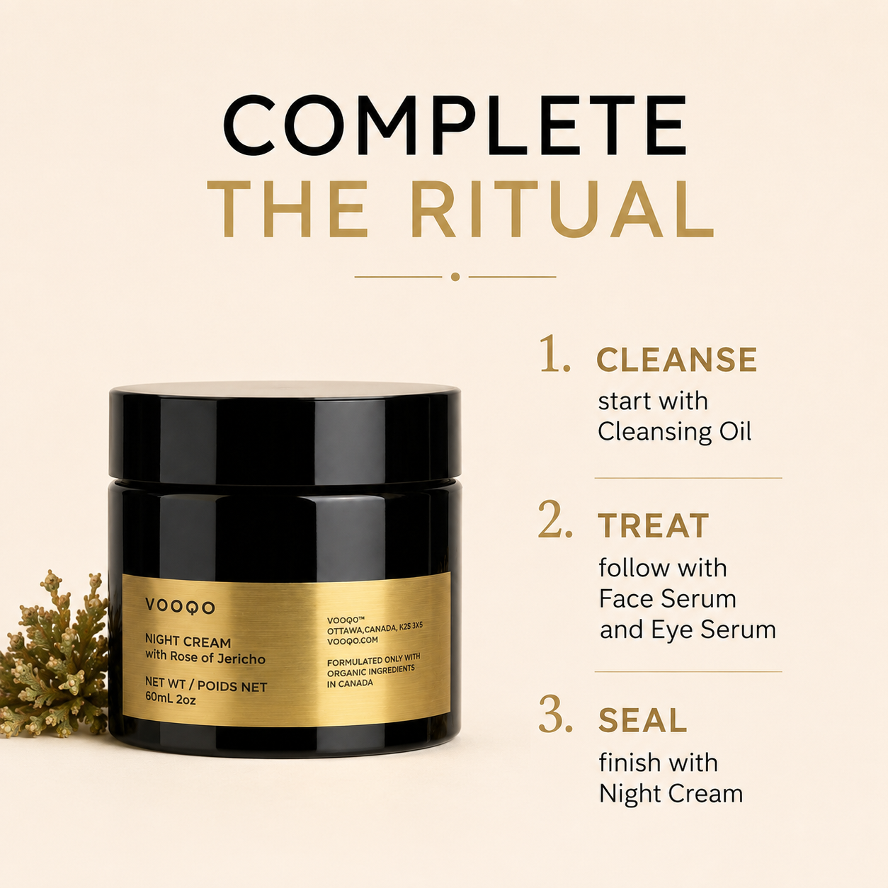Complete the ritual graphic featuring VOOQO Night Cream with text-based skincare ritual recommendations on a clean neutral background.