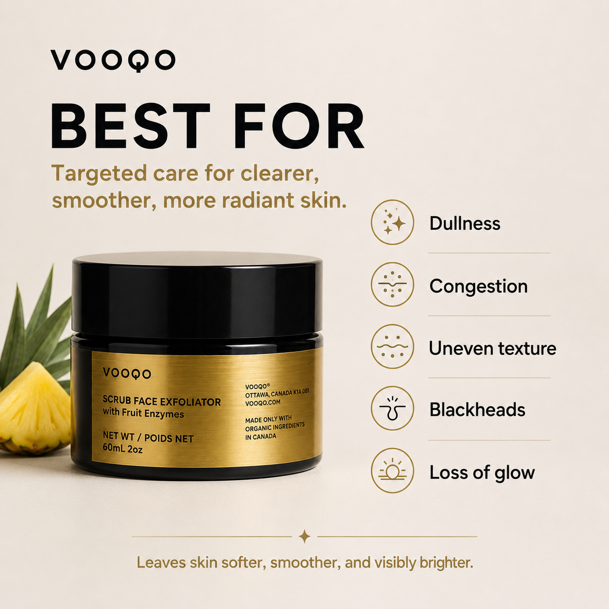 VOOQO Scrub Face Exfoliator with Fruit Enzymes shown for dullness, congestion, uneven texture, blackheads, and loss of glow.