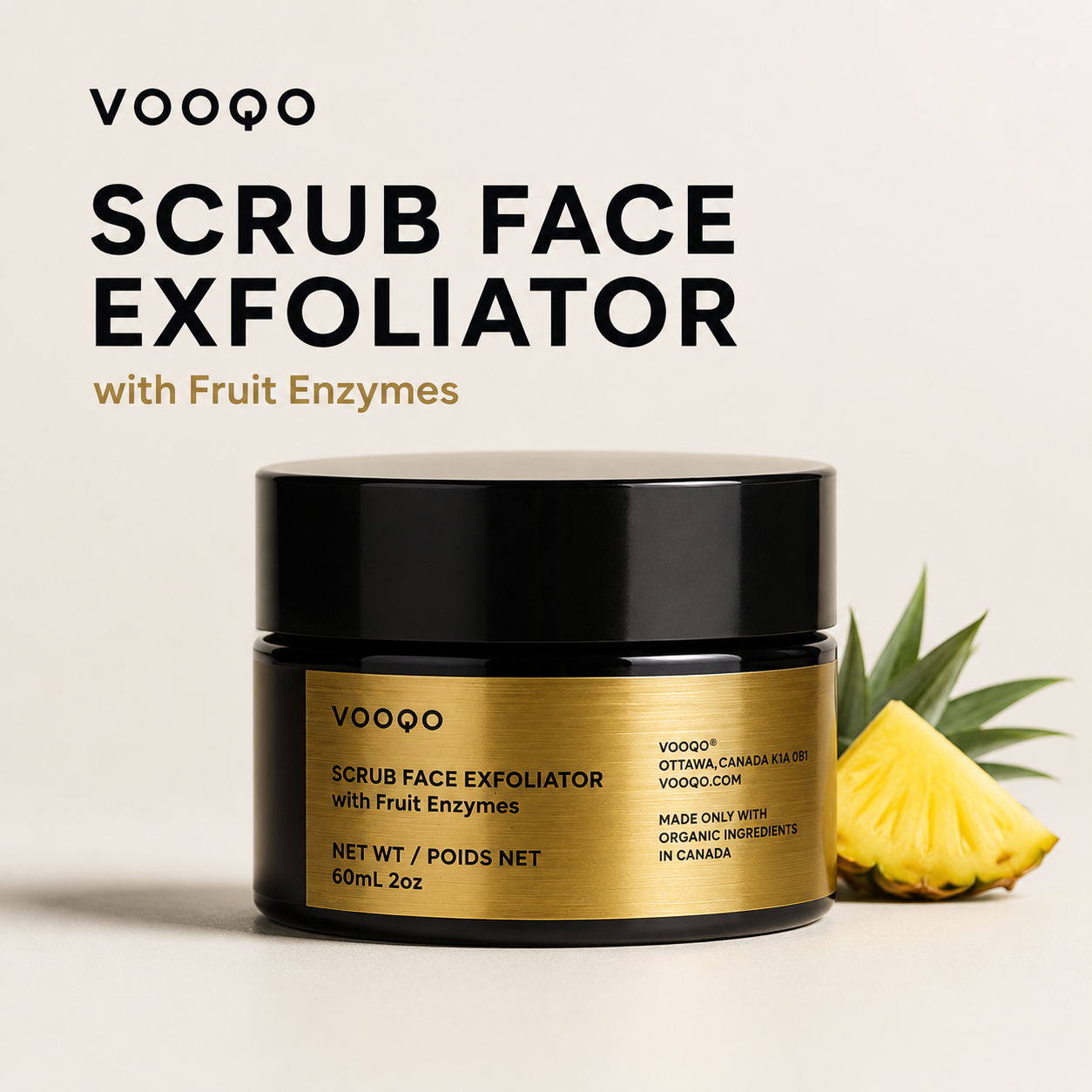 VOOQO Scrub Face Exfoliator with Fruit Enzymes in a black jar with gold label on a soft neutral background.