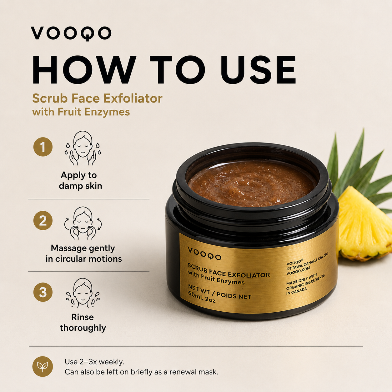 How to use VOOQO Scrub Face Exfoliator with Fruit Enzymes, showing application to damp skin, gentle massage, and rinsing.