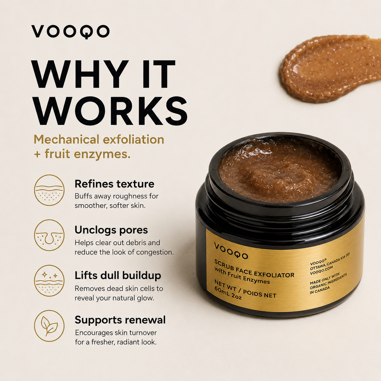 VOOQO Scrub Face Exfoliator with Fruit Enzymes benefits image explaining mechanical exfoliation, fruit enzymes, smoother texture, and skin renewal.