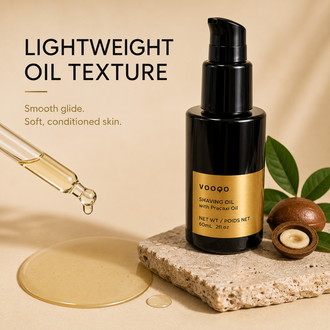 Lightweight transparent texture of Vooqo Shaving Oil with Pracaxi Oil for smooth razor glide and hydrated skin.