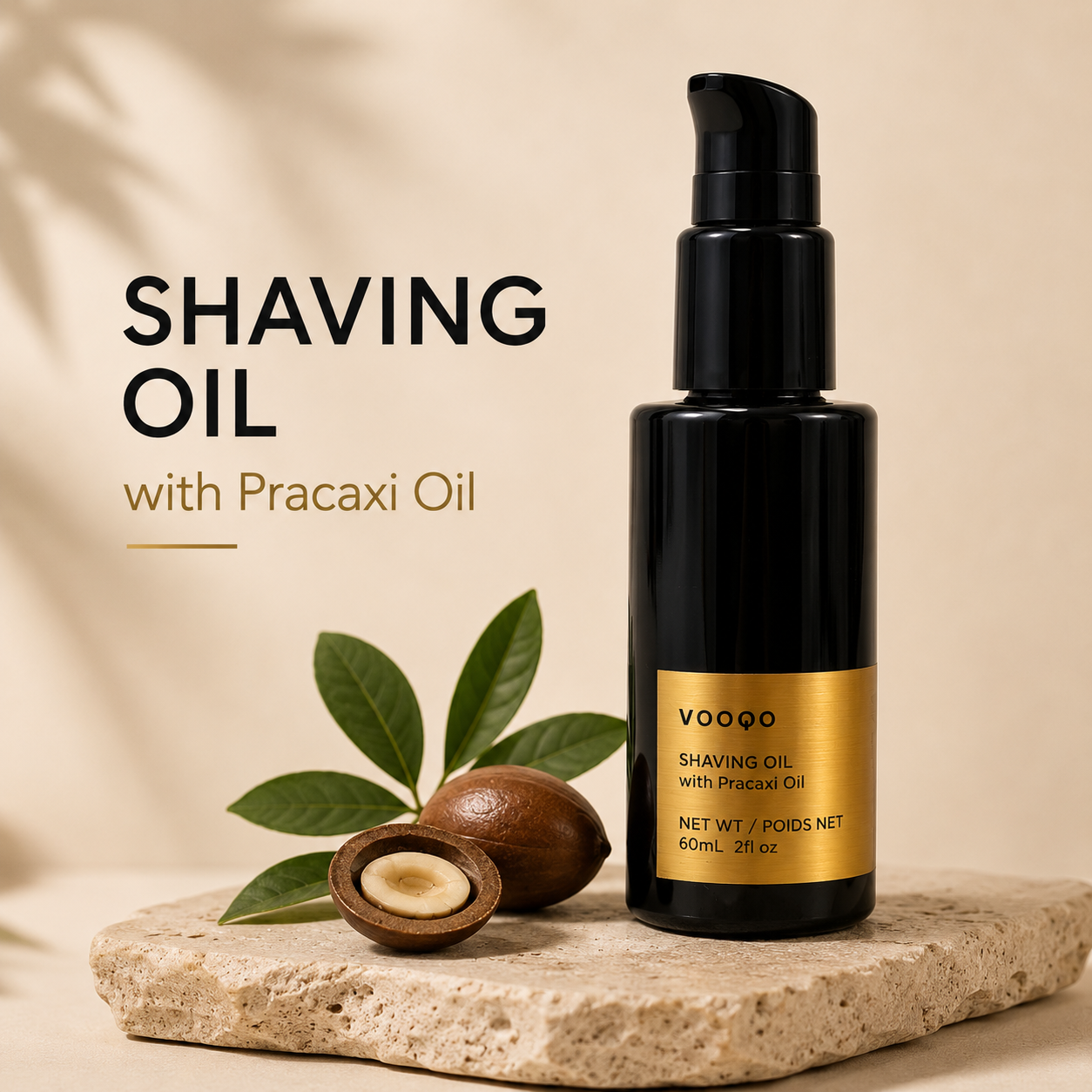 Vooqo Shaving Oil with Pracaxi Oil lightweight organic shaving oil for a smooth, comfortable shave on face and body.