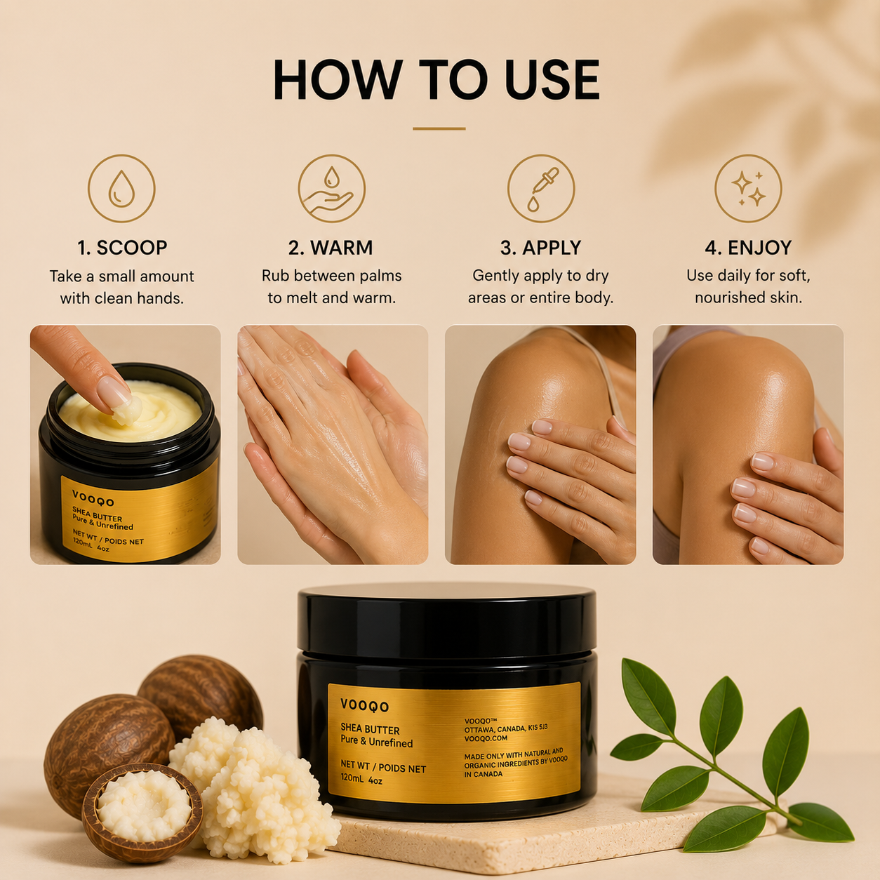 Step-by-step guide showing how to warm and apply Vooqo Shea Butter for deep daily hydration.