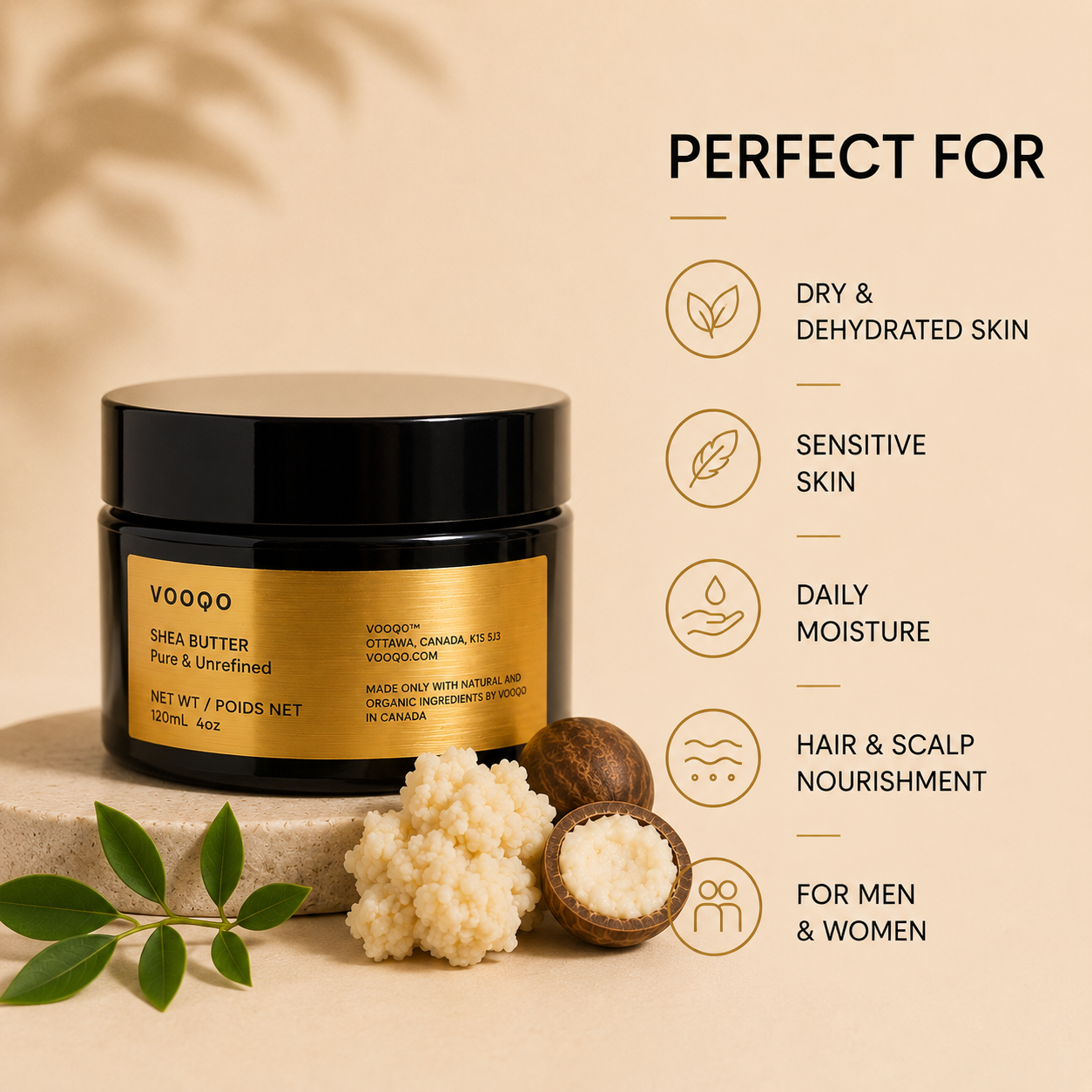 Vooqo Shea Butter for dry, very dry, dehydrated and sensitive skin, suitable for face, body, lips and hair.