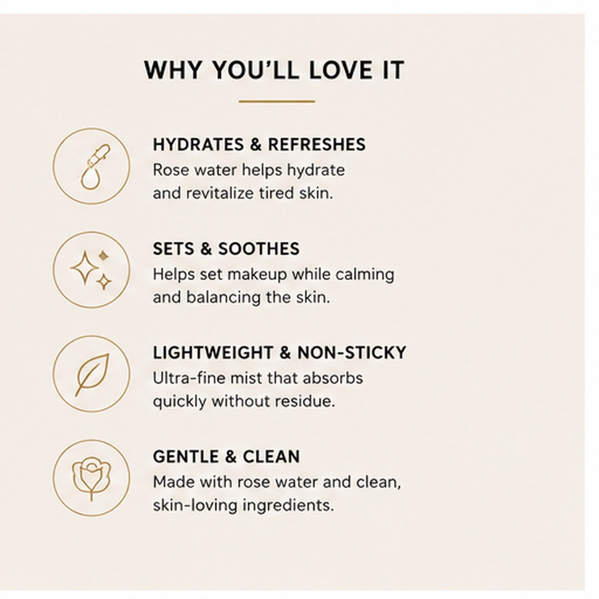 VOOQO Skin Mist with Rose Water benefits image highlighting hydration, makeup setting, soothing care, and fine mist application.