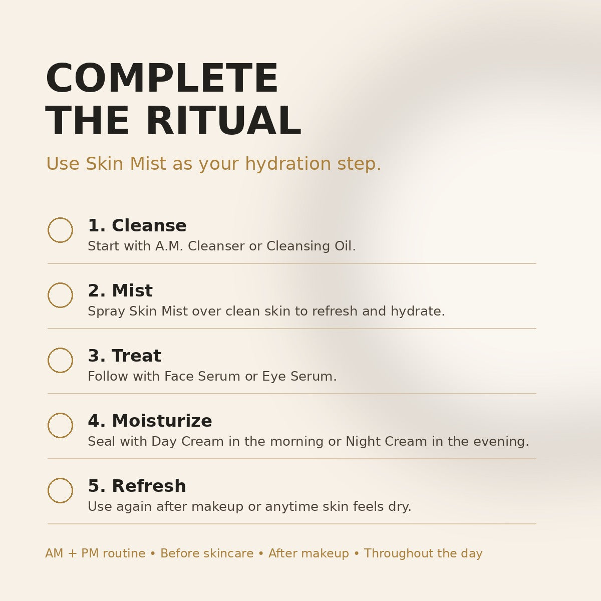 Complete the ritual text guide for VOOQO Skin Mist with Rose Water as a hydration step before serum, cream, or makeup refresh.