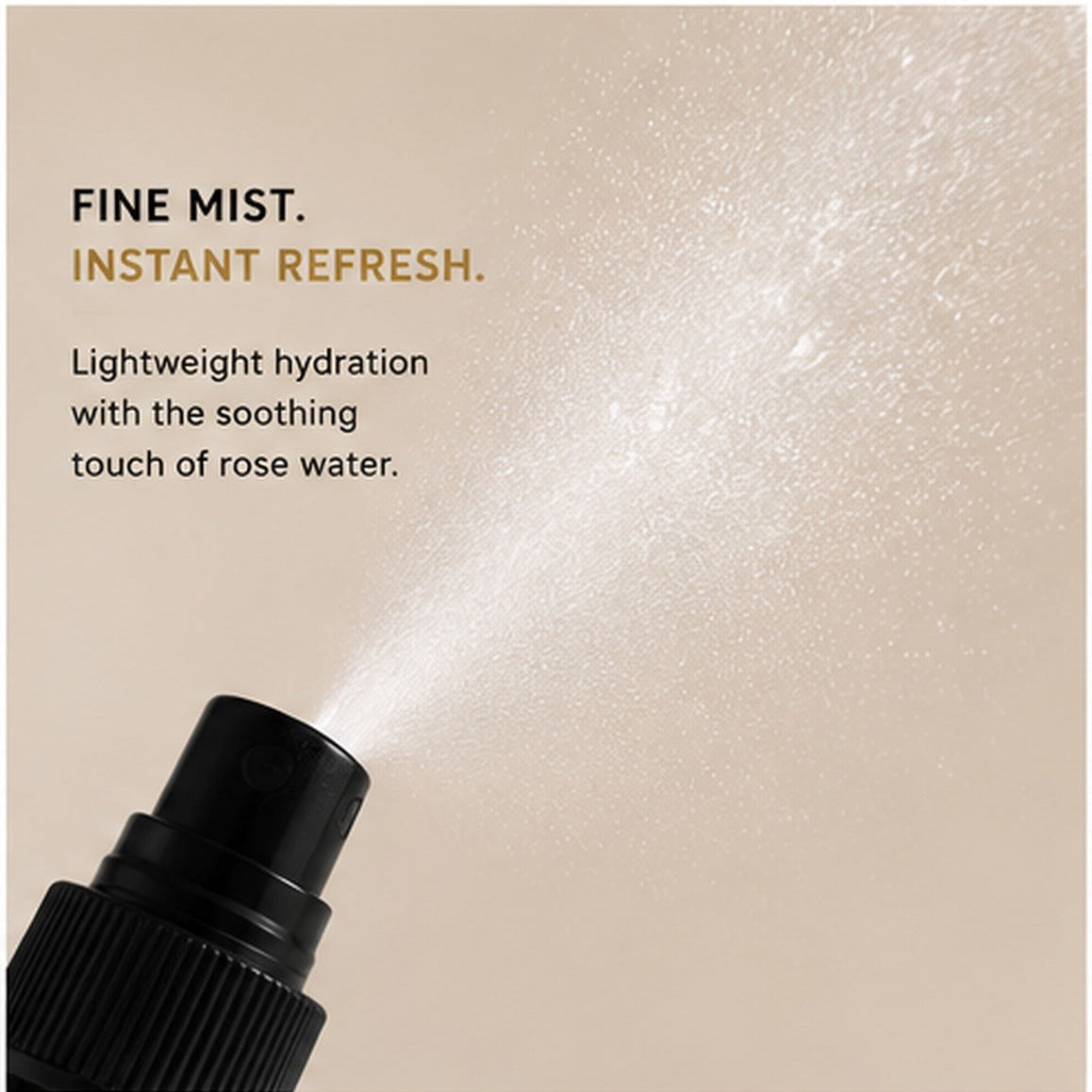 VOOQO Skin Mist with Rose Water shown spraying a fine mist for lightweight hydration and refreshment.