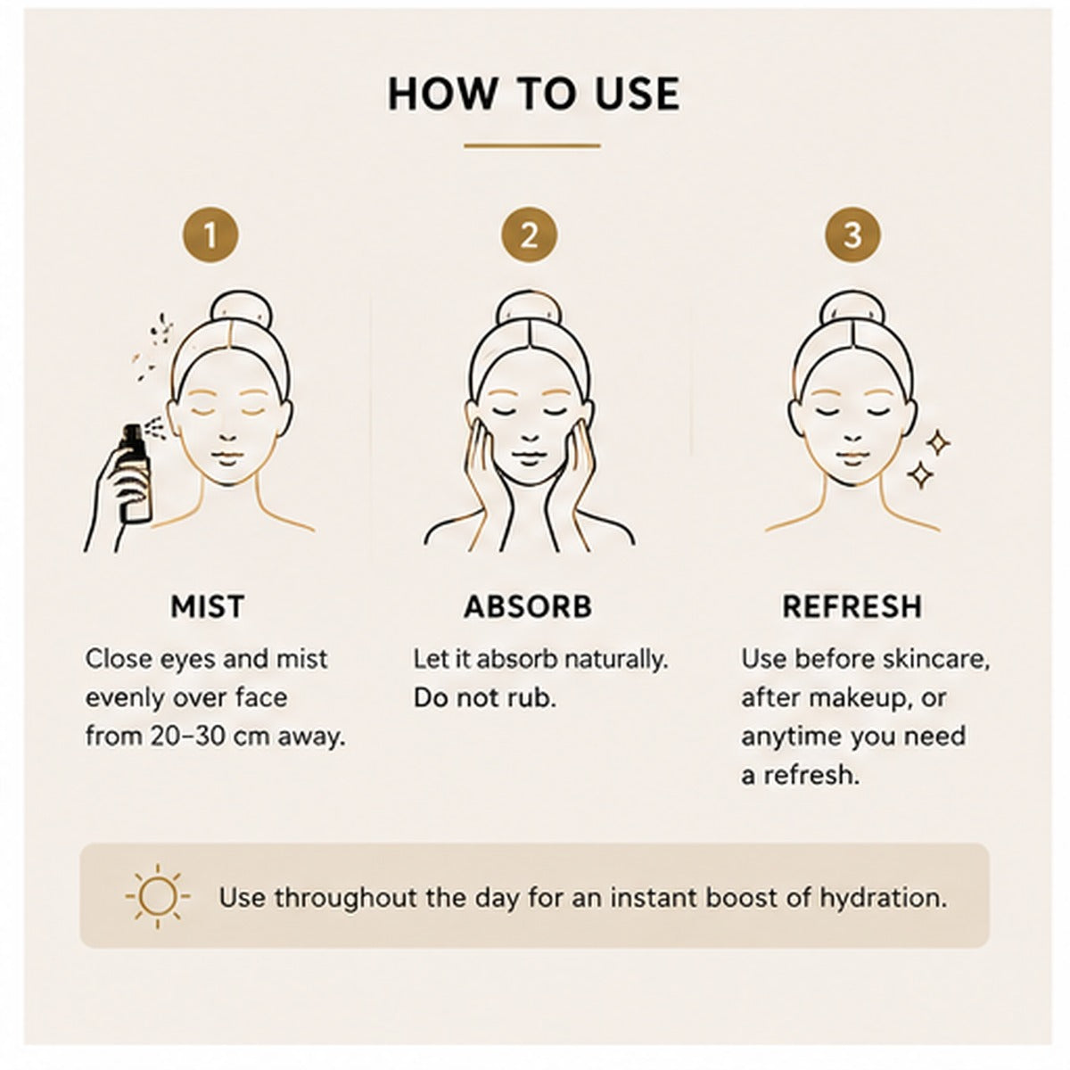 How to use VOOQO Skin Mist with Rose Water: mist over the face, let absorb, and refresh skin anytime.