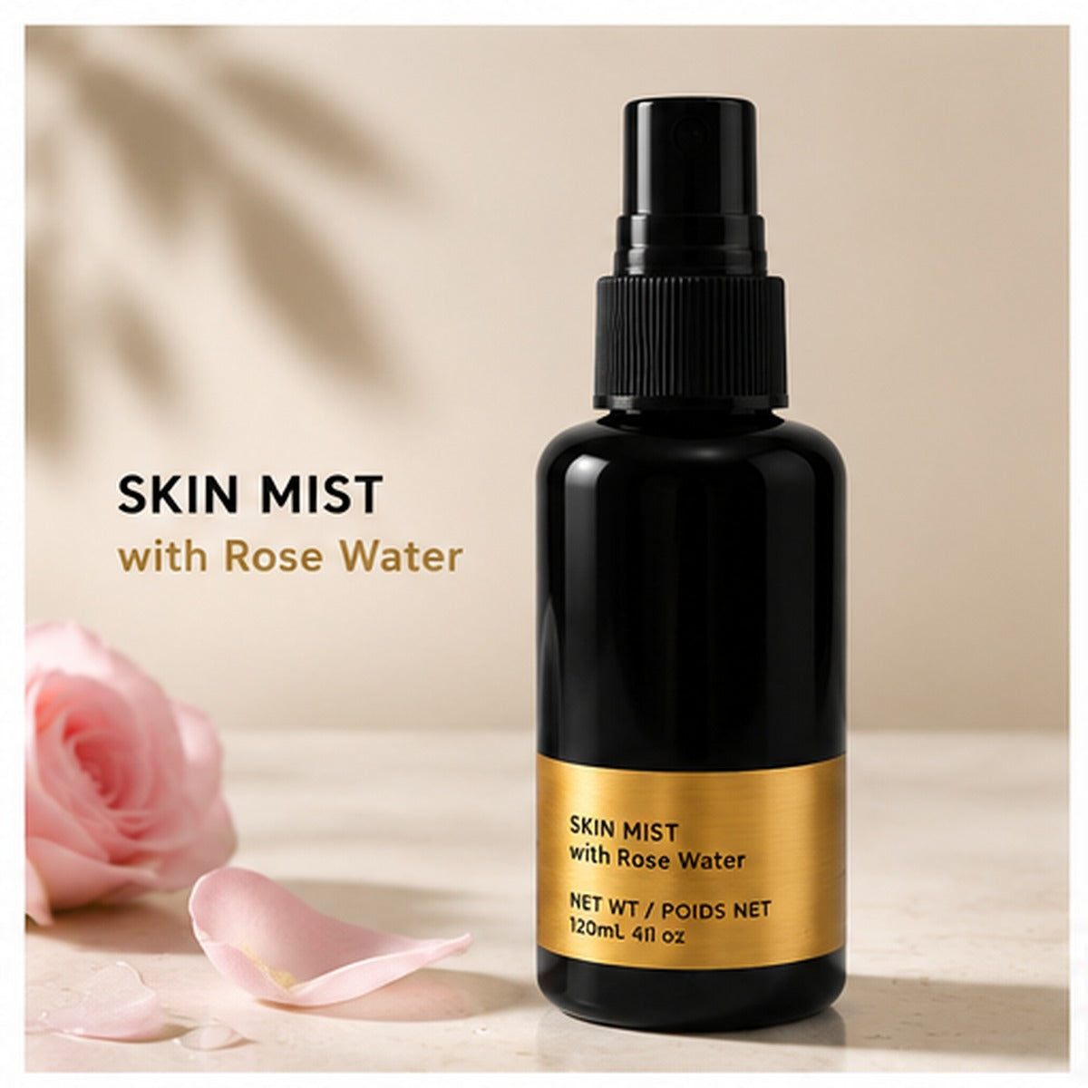 VOOQO Skin Mist with Rose Water in a black spray bottle with gold label on a soft neutral background.