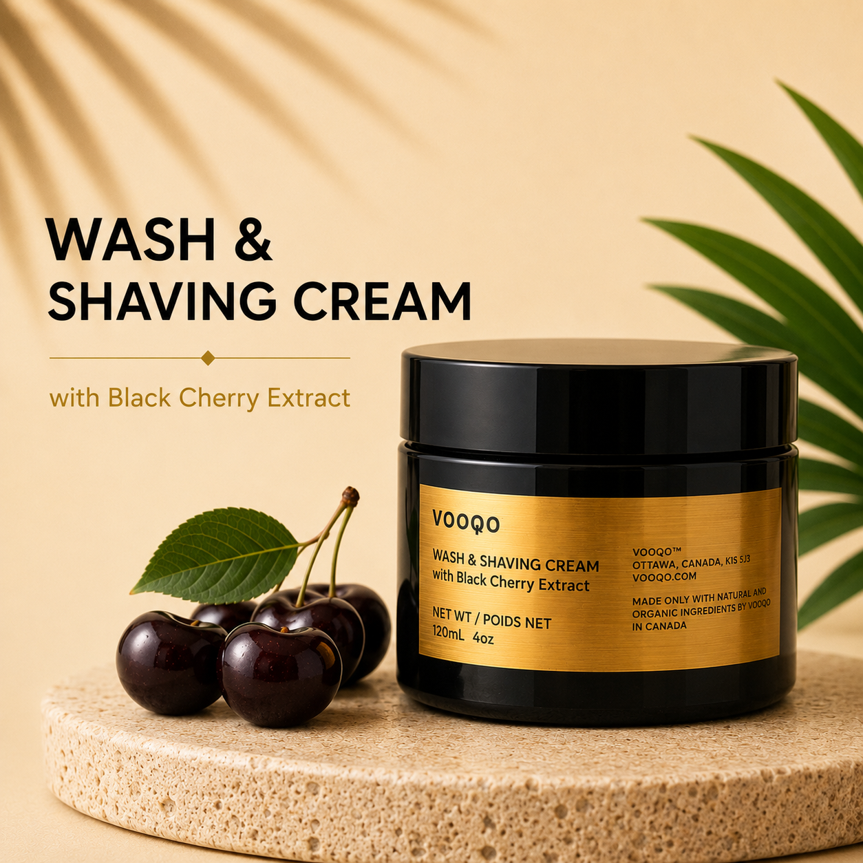 Vooqo Wash & Shaving Cream with Black Cherry Extract for gentle cleansing and smooth shaving