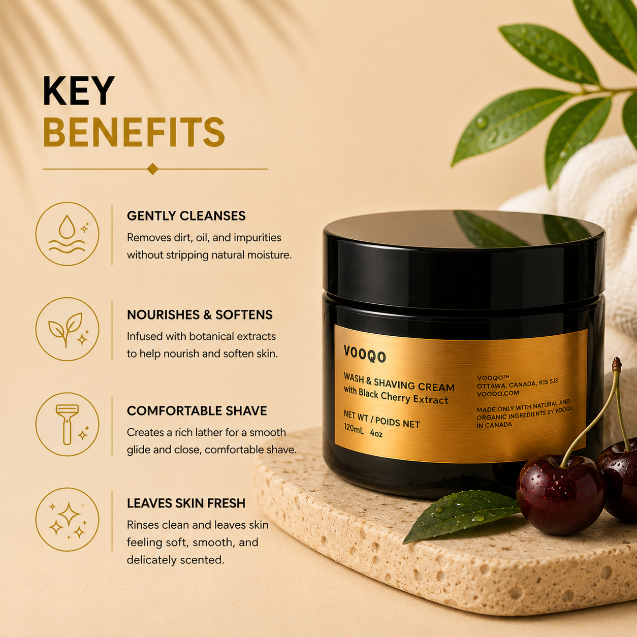 Vooqo Wash & Shaving Cream benefits for gentle cleansing, softer skin and a smooth comfortable shave