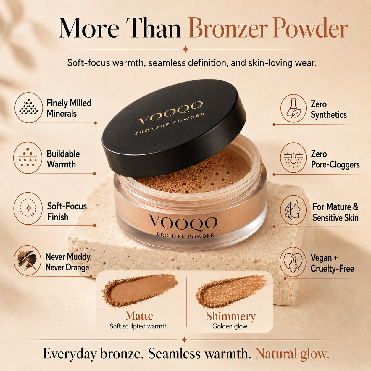 VOOQO bronzer powder with product details on a beige background