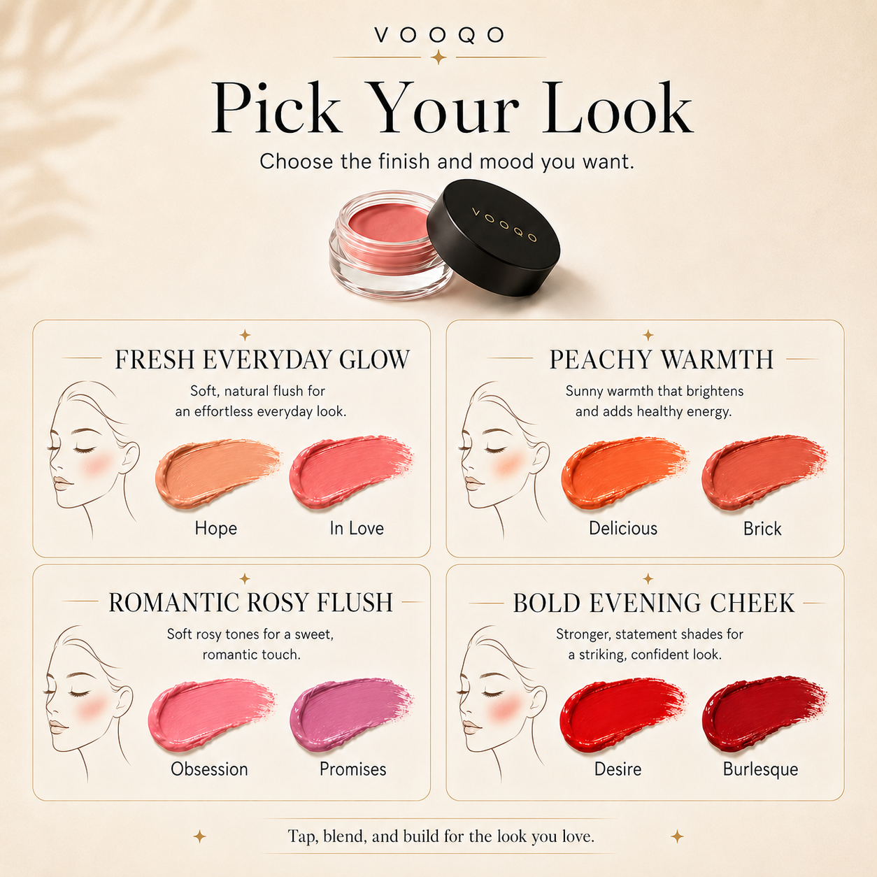 Vooqo cream blush with color swatches and application examples on a beige background